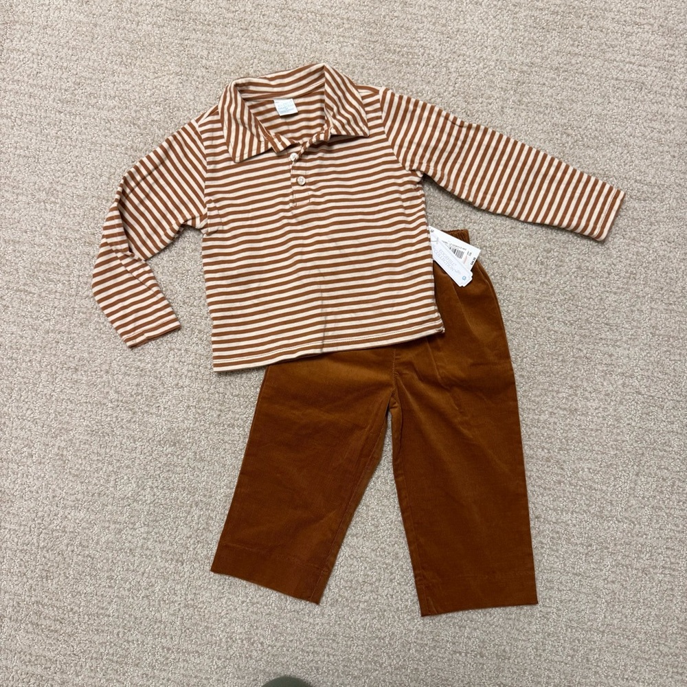 NEW Edgehill Boys 2T camel brown velvet pants and striped collared shirt